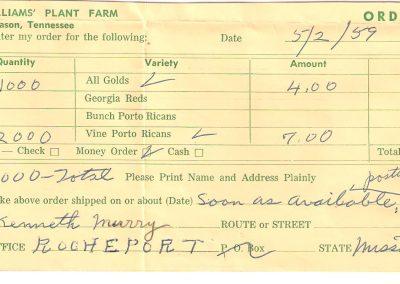 1959 Williams Plant Farm S.P. Order Blank